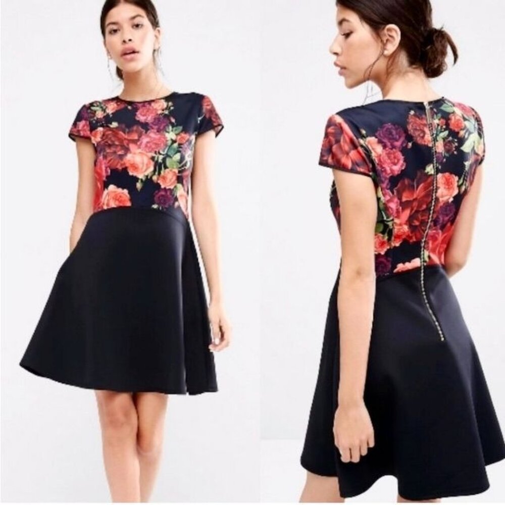 Ted Baker London Xylee Juxtapose Rose Skater Dress Size 2 U.S. Size 6
